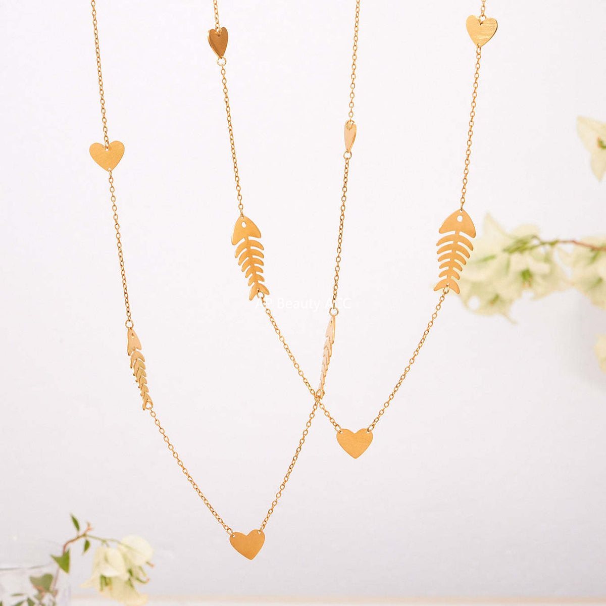 D관 - 스테인리스 18K 도금 물고기뼈 하트 디자인 목걸이 귀걸이 반지 [TXP459] 25.10-5