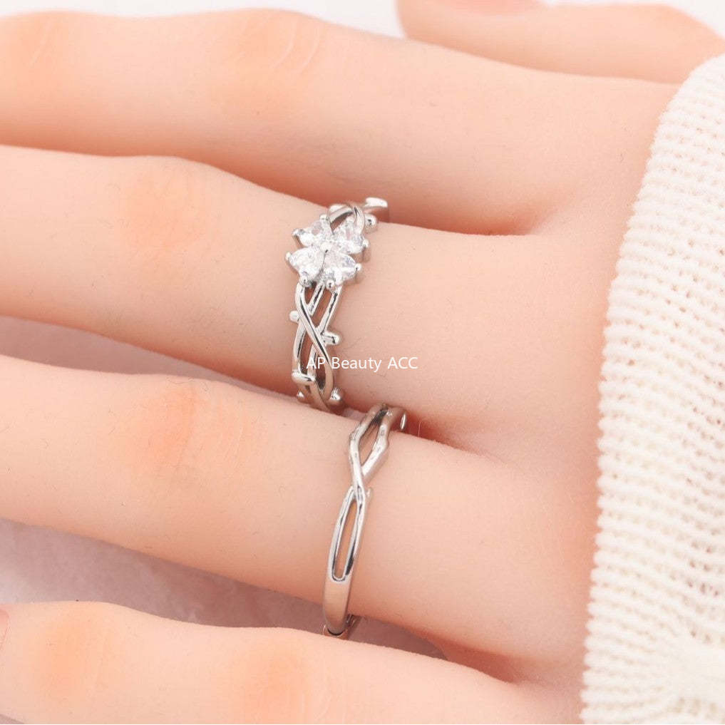 G관 - 나무가지 모양 하트 네잎클로버 큐빅 커플 반지 [J1648] 25.11-4