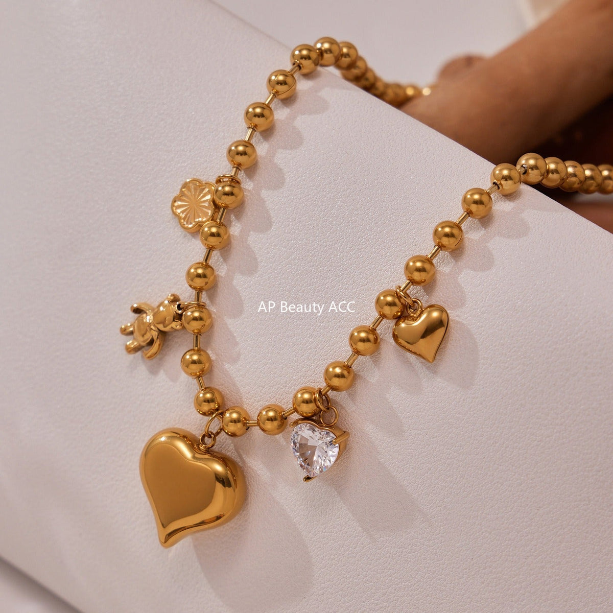 D관 - 스테인리스 스틸 18K 도금 큐빅 하트 곰 펜던트 목걸이 [P1032] 25.10-3