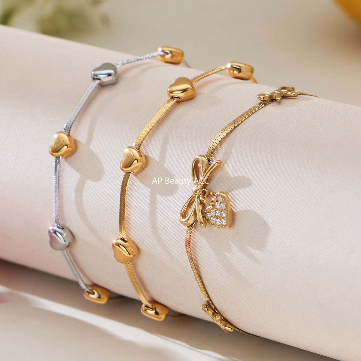 D관 - 스테인리스 스틸 리본 하트 풀큐빅 18K 도금 팔찌 목걸이 [TXP499] 25.11-4