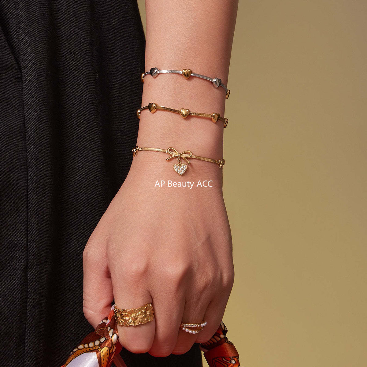 D관 - 스테인리스 스틸 리본 하트 풀큐빅 18K 도금 팔찌 목걸이 [TXP499] 25.11-4