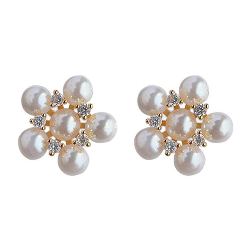 C관 - 프렌치 복고풍 미니 큐빅 진주 꽃 14K 도금 은침 귀걸이 [3768] 24.04-3