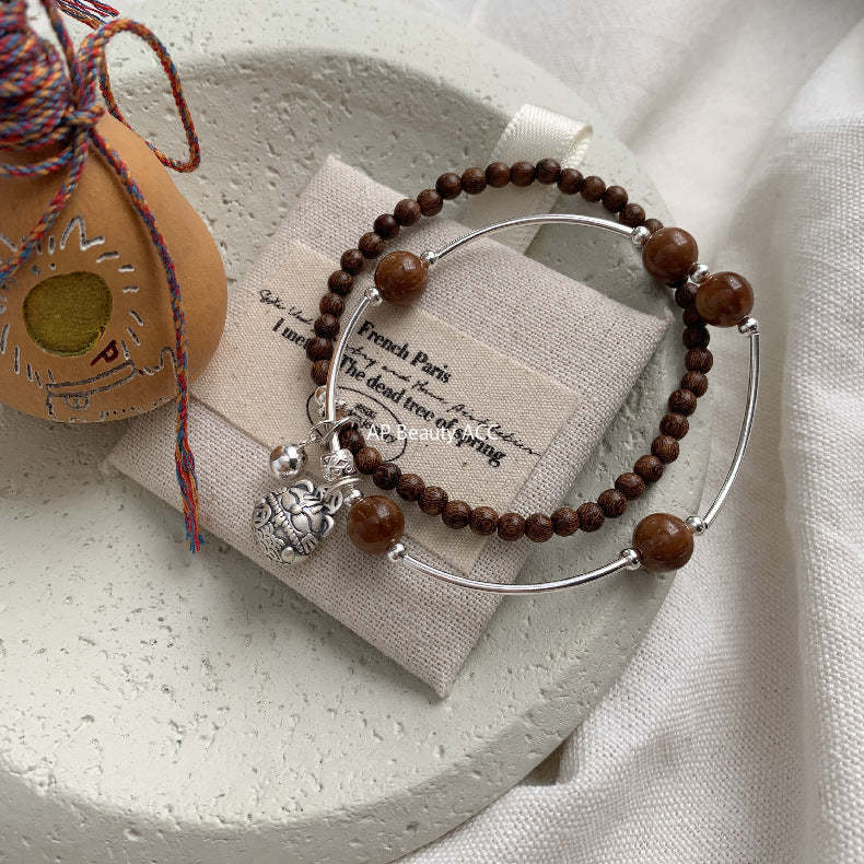 A관 - 복고양이 펜던트 보리수 금사남목 925 실버 팔찌 [1531] 25.11-3