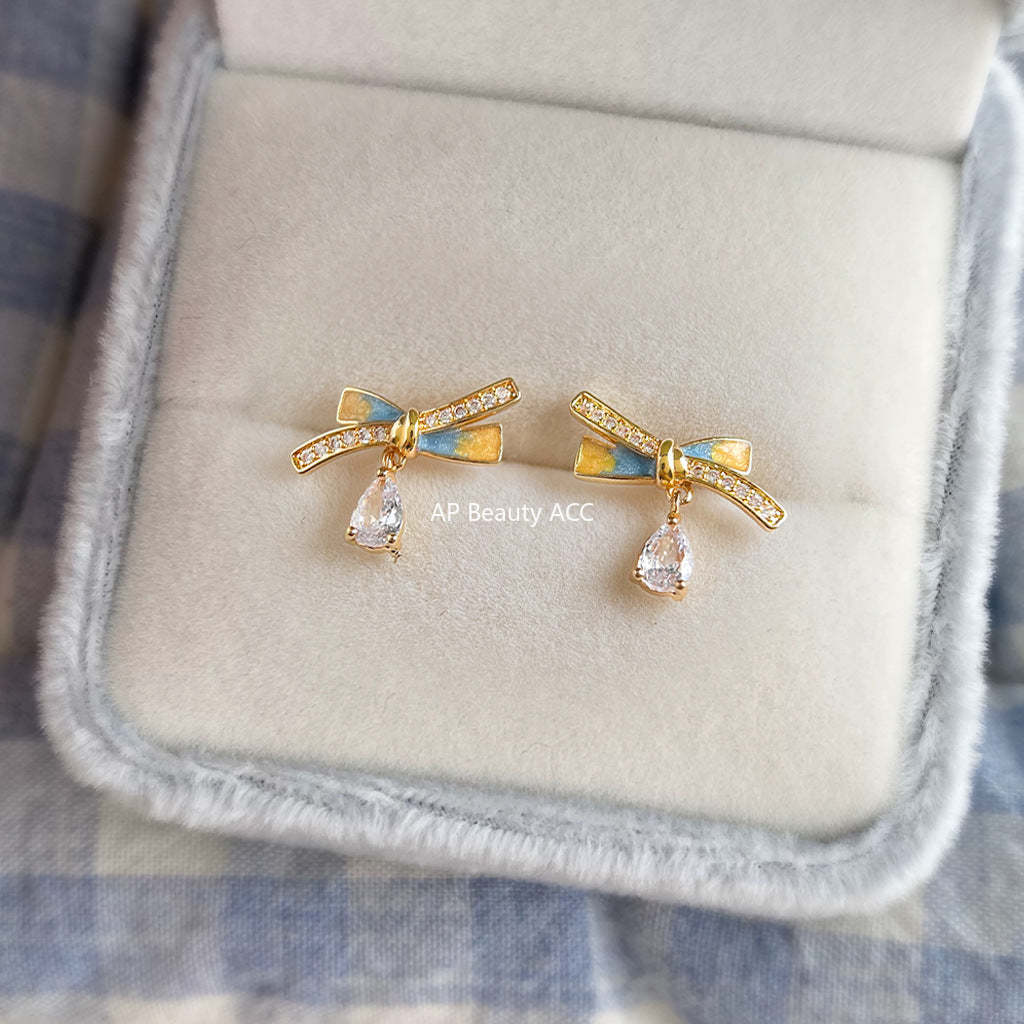 C관 - 큐빅 925 은침 14K 도금 핸드페인팅 리본 귀걸이 [6721] 25.09-4