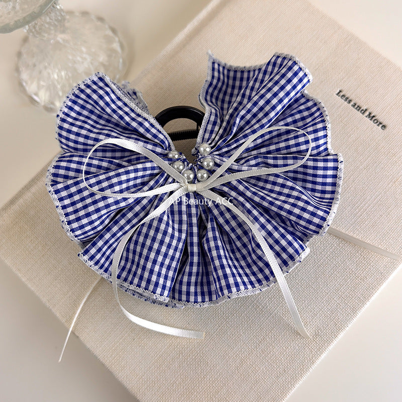 E관 - 체크 러플형 리본 대형 빈티지 집게핀 [27527] 25.10-1