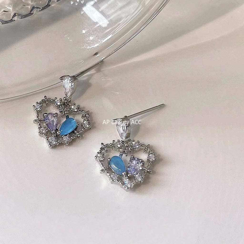C관 - 미니 큐빅 두 가지 색상 글라스 묘안석 하트 은침 귀걸이 [A-347] 24.04-1