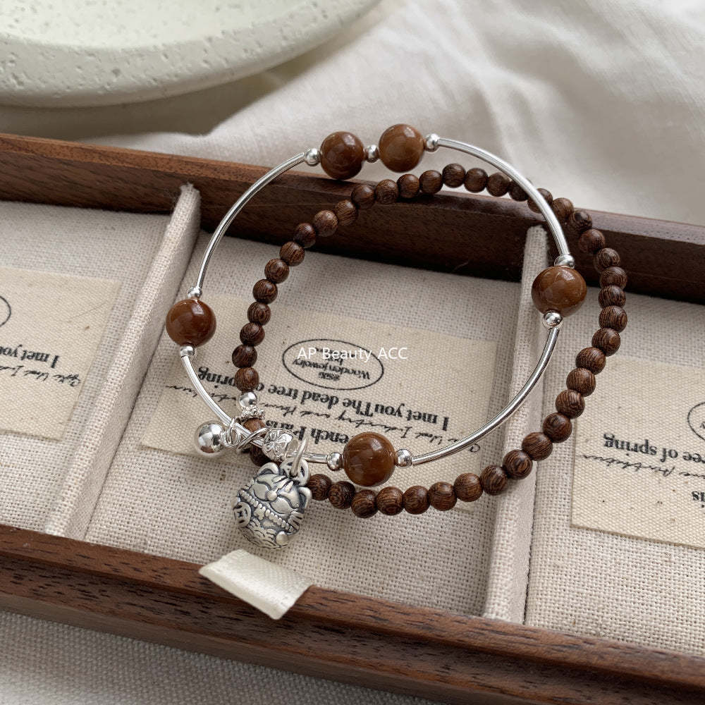 A관 - 복고양이 펜던트 보리수 금사남목 925 실버 팔찌 [1531] 25.11-3