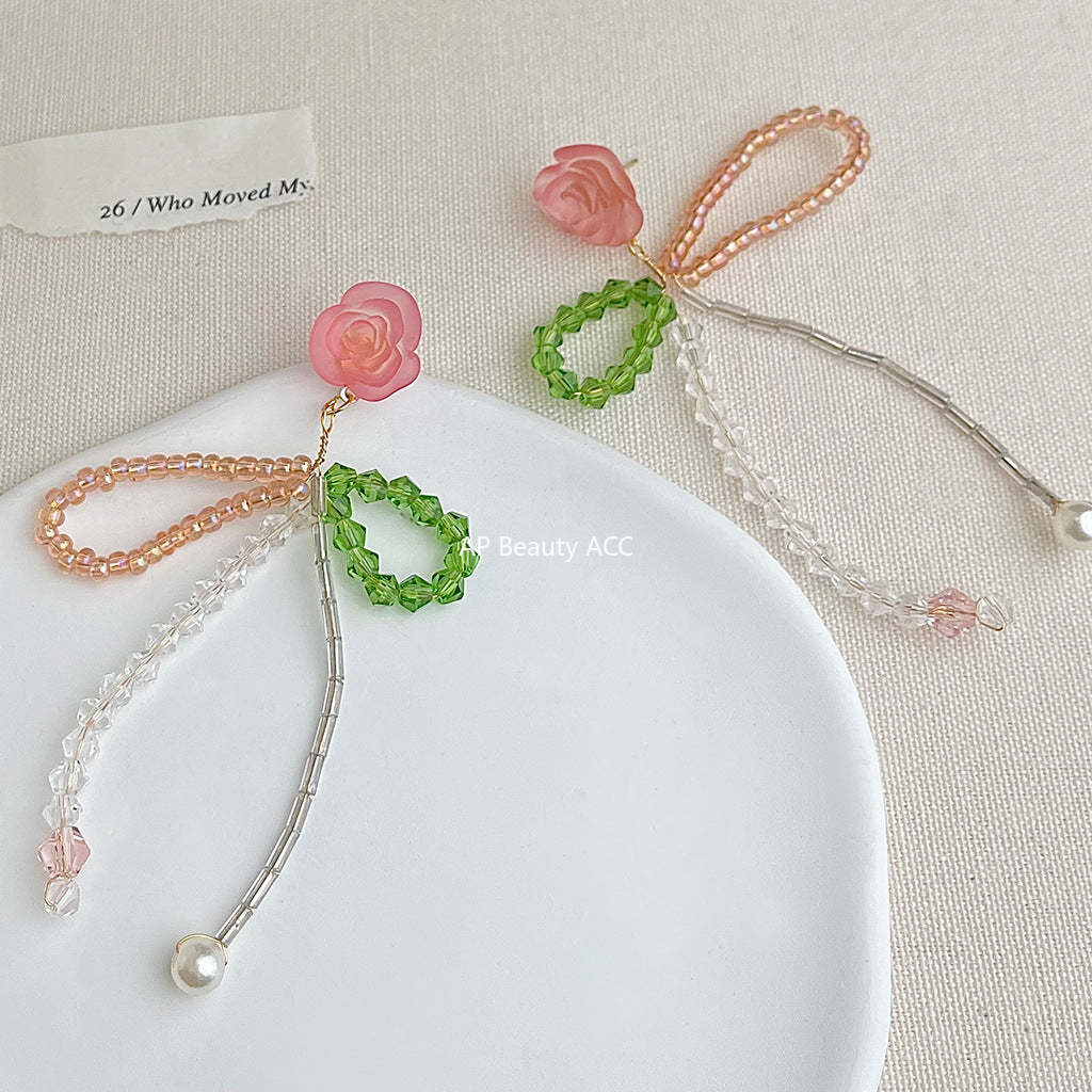 C관 - 글래스 크리스탈 리본 태슬 장미 비즈 귀걸이 [5578] 25.02-3
