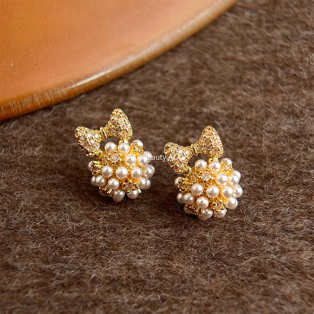 C관 - 리본 큐빅 진주 925 은침 귀걸이 [7204] 25.12-2