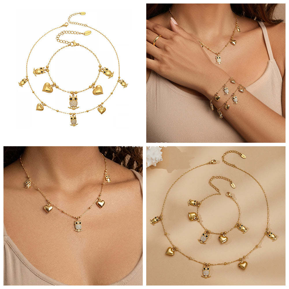 D관 - 스테인리스 스틸 18K 도금 부엉이 하트 큐빅 펜던트 목걸이 팔찌 [TXP528] 25.12-3