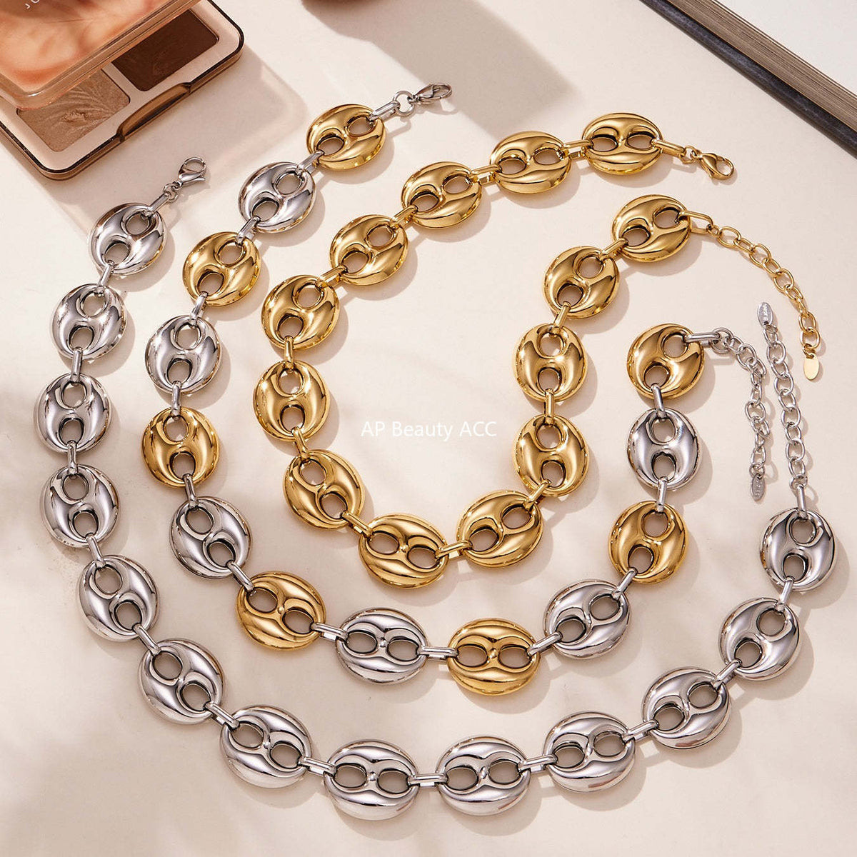 D관 - 타원형 돼지코 모양 체인 18K 도금 스테인리스 목걸이 팔찌 [TXP466] 25.11-3