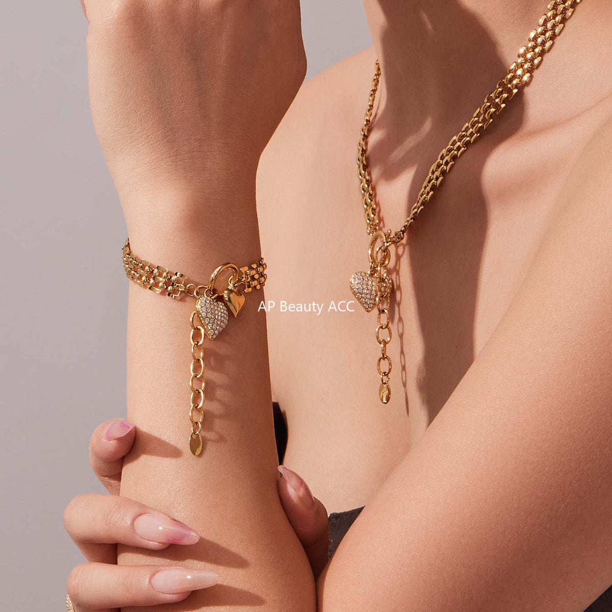 D관 - 하트 풀큐빅 펜던트 체인 스테인리스 스틸 목걸이 팔찌 [TXP476] 25.11-3