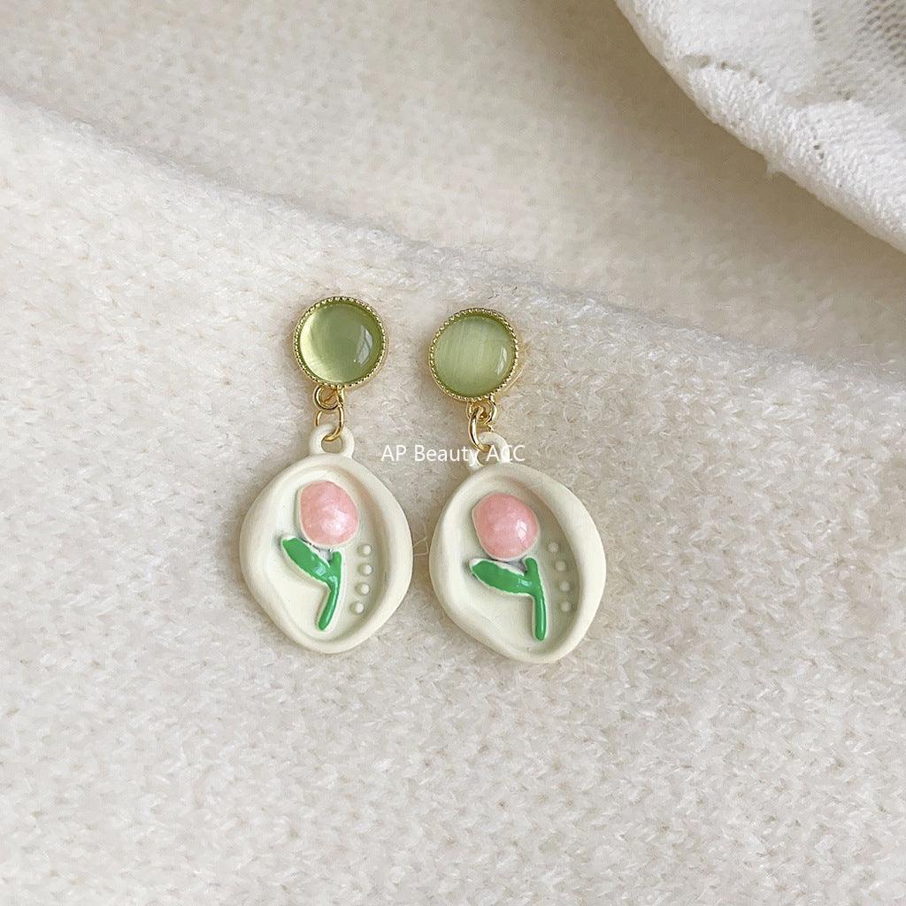 C관 - 14K 도금 봄 여름 튤립 유리 묘안석 에나멜 귀걸이 [3673-3674] 24.03-4