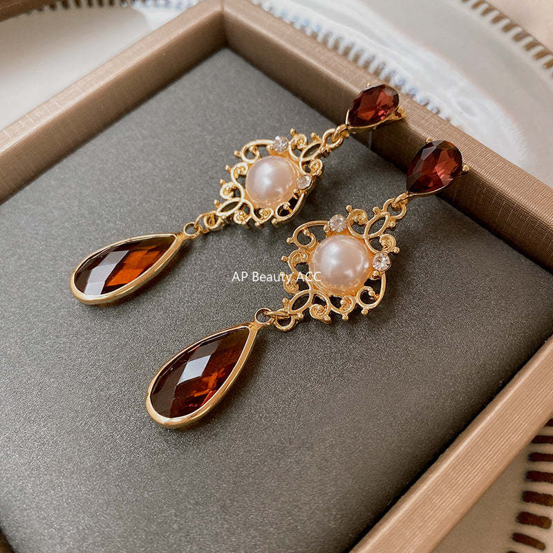 C관 - 빈티지 은침 큐빅 장식 빈티지 꽃무늬 물방울 진주 귀걸이 [E10613] 24.01-3