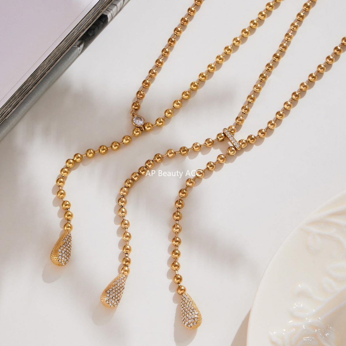 D관 - 18K 골드 도금 스테인리스 스틸 물방울 큐빅 비즈 체인 목걸이 귀걸이 [TXP419-TXF419] 25.10-1