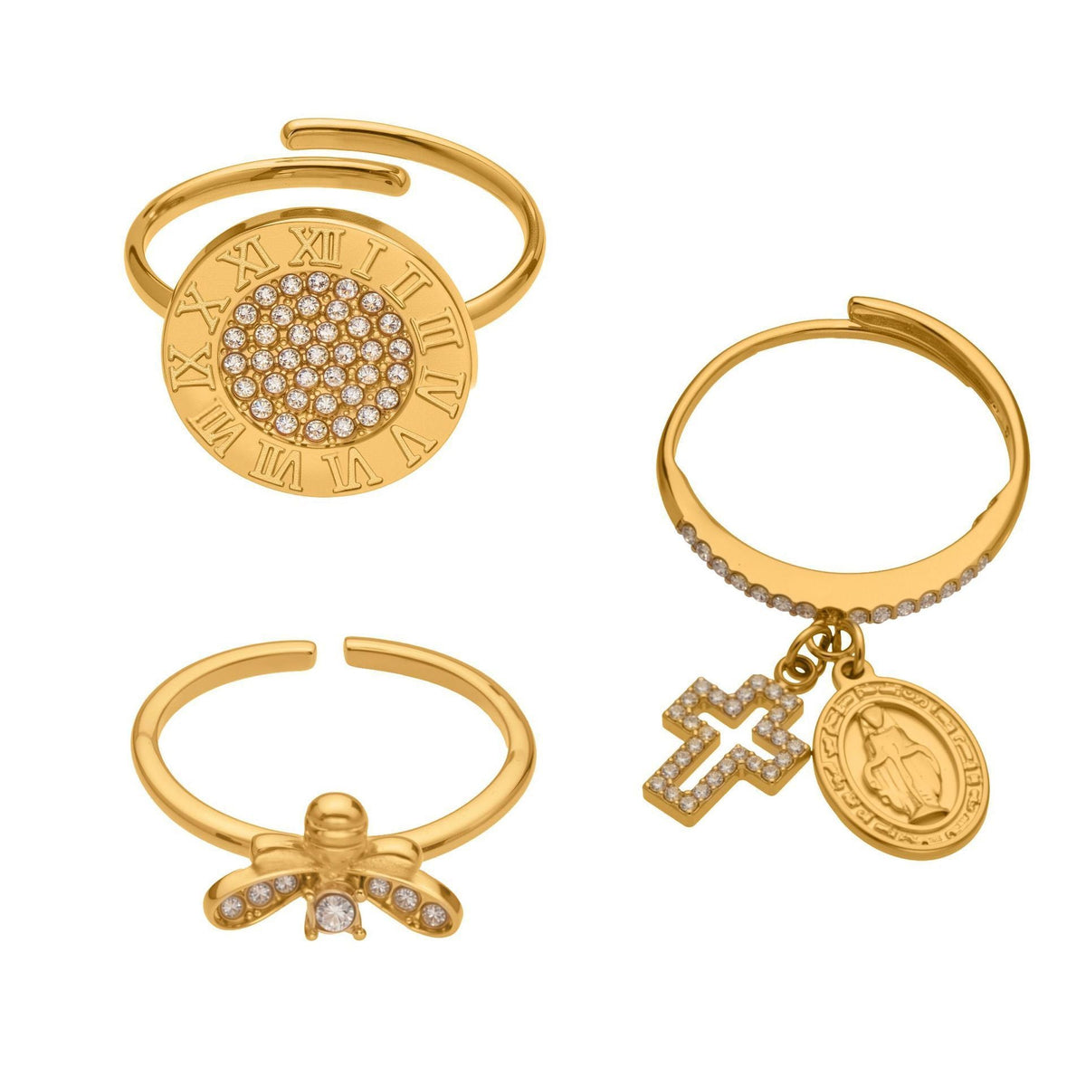 D관 - 18K 도금 스테인리스 스틸 십자가 큐빅 오픈형 반지 [A569-A572-A649] 25.10-1