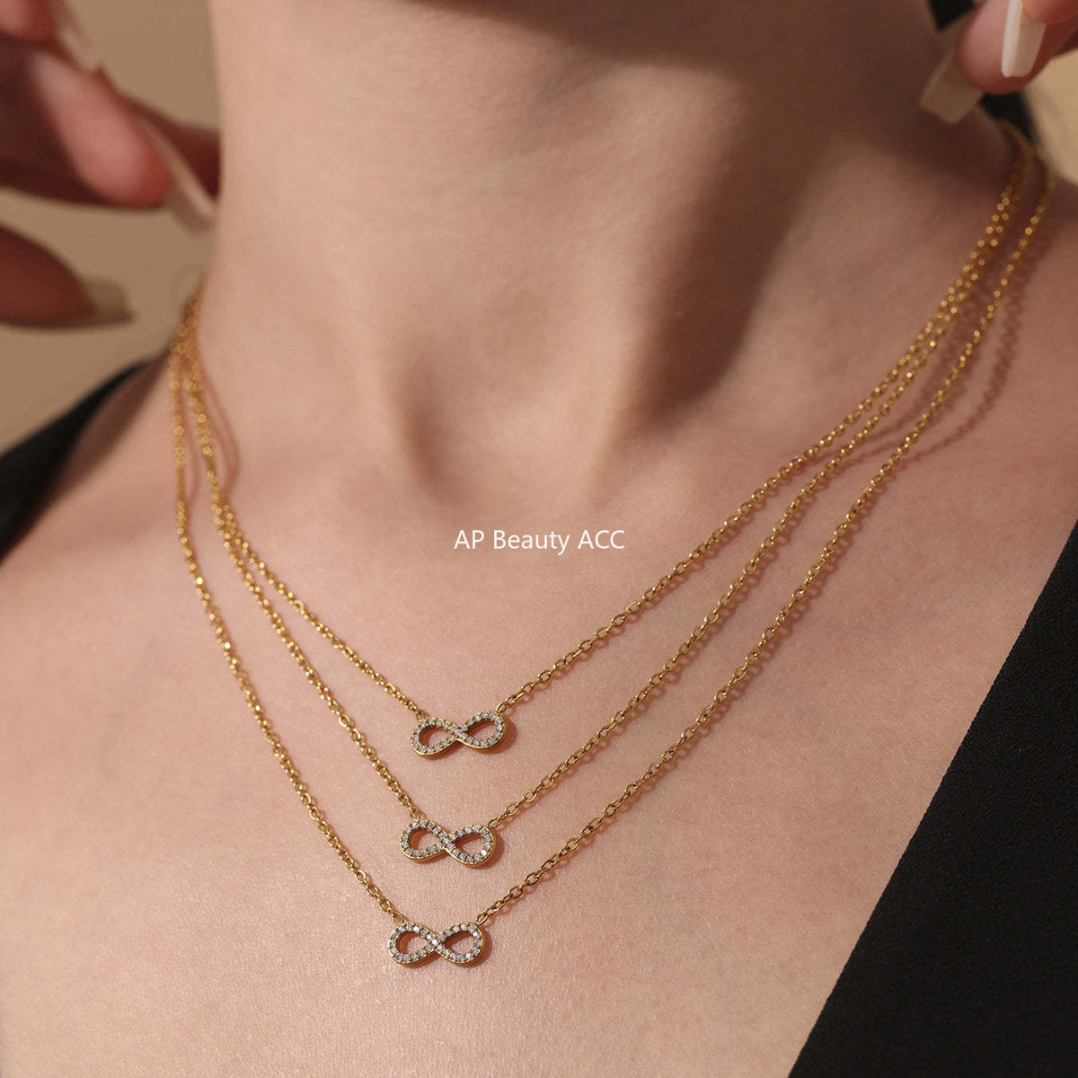 D관 - 숫자 8 모양 큐빅 레이어드 스테인리스 스틸 18K 도금 목걸이 [P1296] 25.07-1