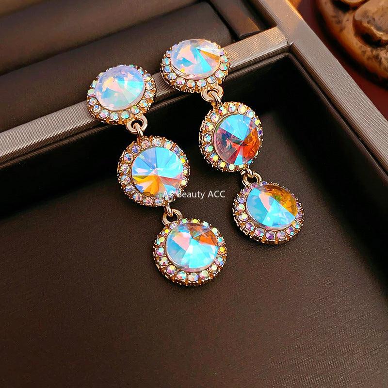 C관 - 실버 큐빅 롱 원형 컬러 크리스탈 유럽풍 모던 귀걸이 [E5450] 24.02-1