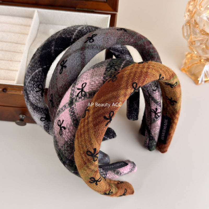 E관 - 모직 체크 리본 패턴 볼륨 머리띠 [26085] 25.11-3