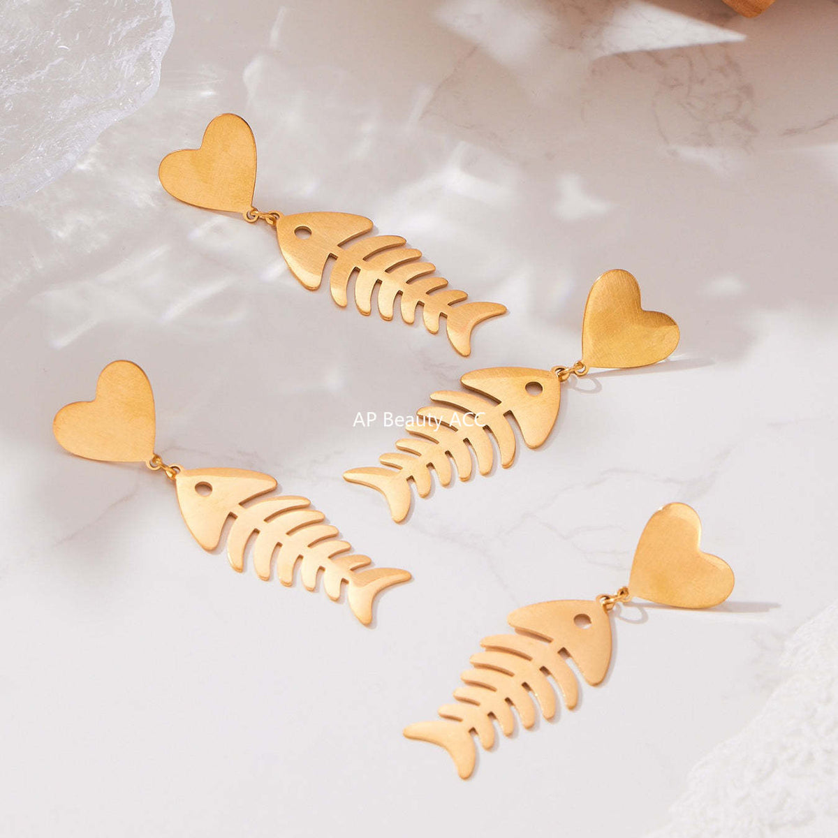 D관 - 스테인리스 18K 도금 물고기뼈 하트 디자인 목걸이 귀걸이 반지 [TXP459] 25.10-5