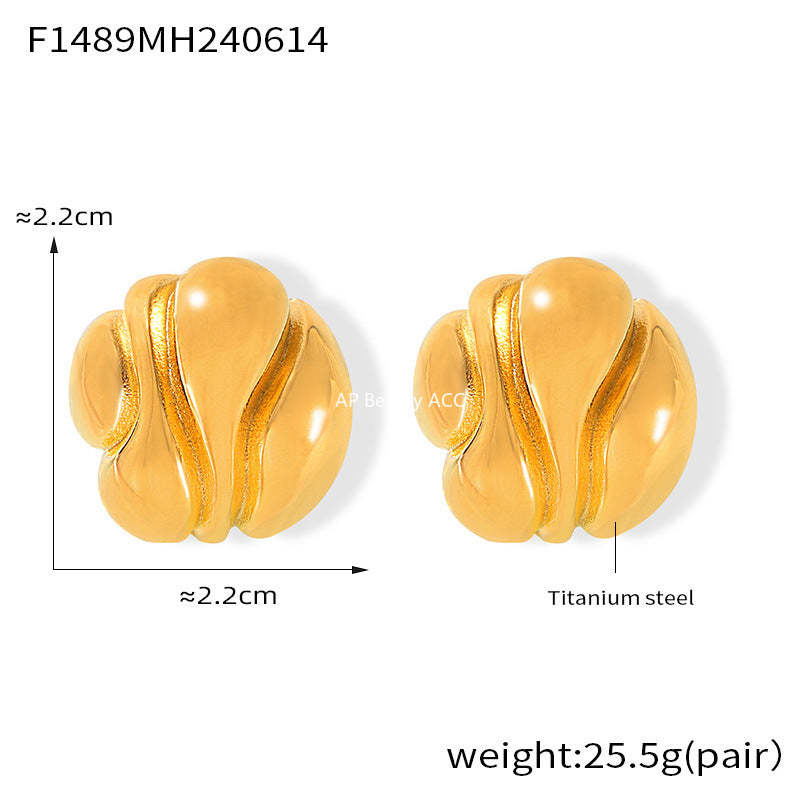 D관 - 티타늄 스틸 18K 도금 비정형 텍스처 라운드 변색 방지 귀걸이 [F1489] 24.06-3