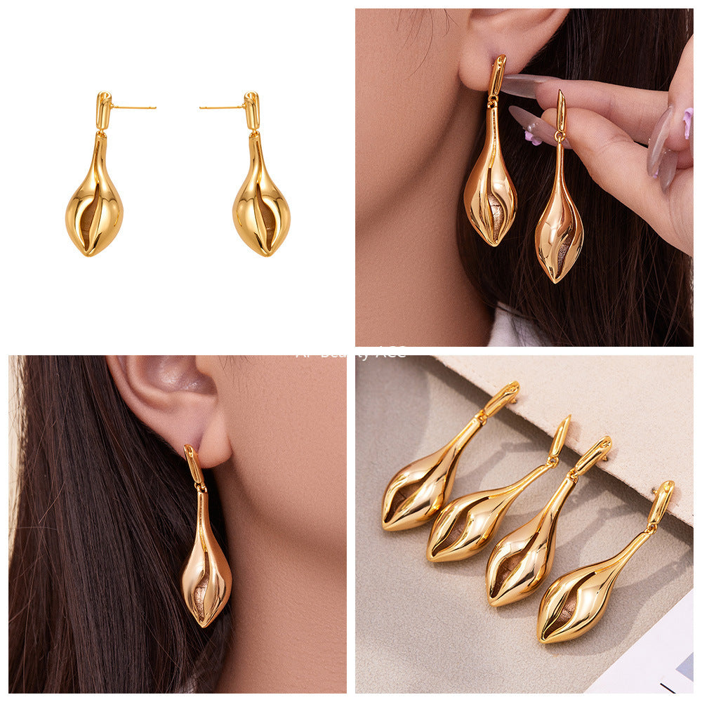 D관 - 18K 도금 조개껍질 디자인 드롭 스터드 귀걸이 [F813] 25.11-1