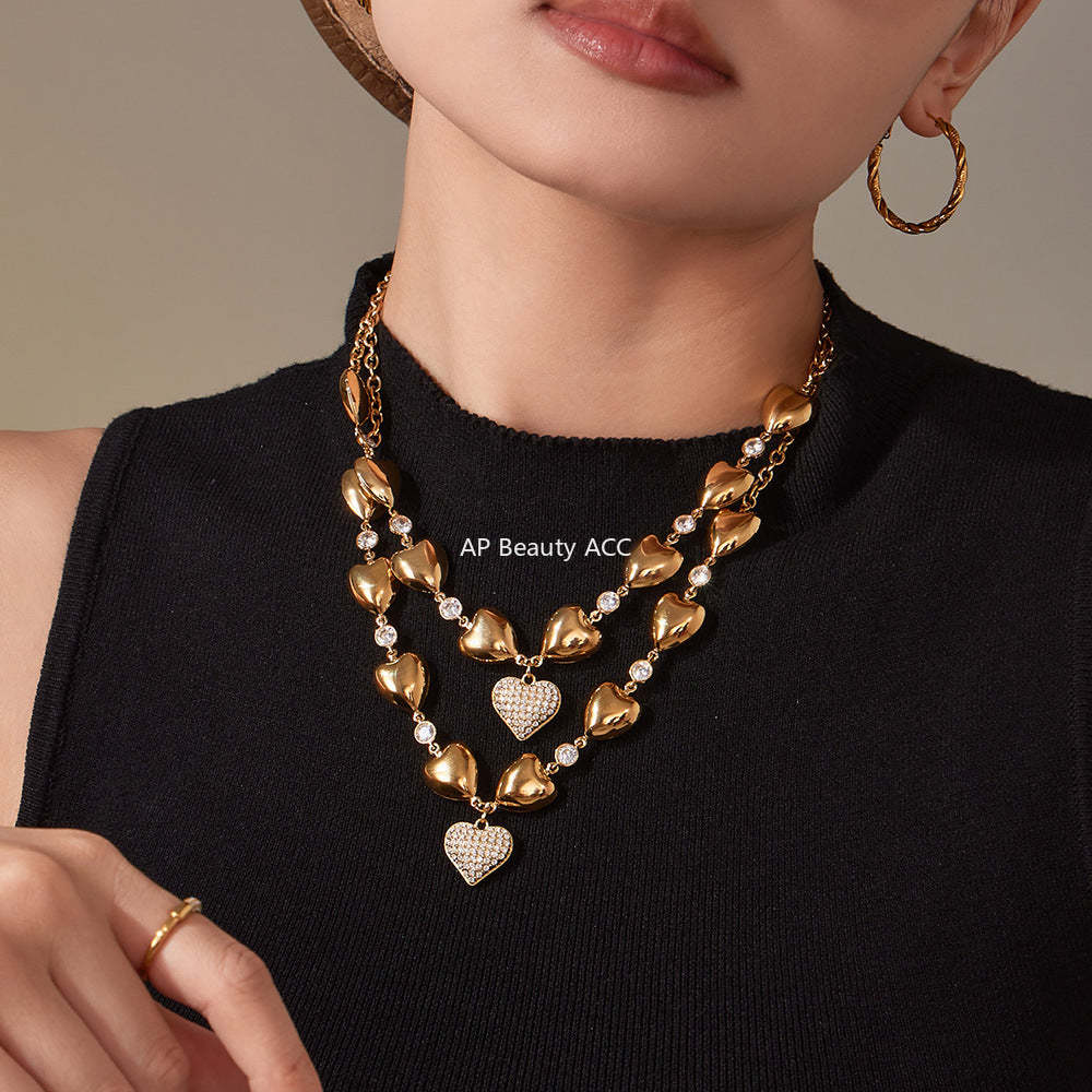 D관 - 풀큐빅 하트 디자인 스테인리스 18K 도금 목걸이 [P1344] 25.11-3