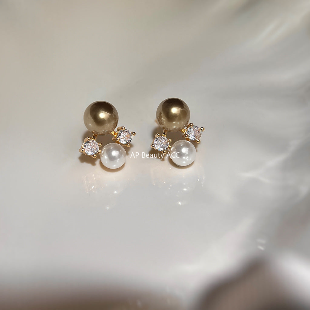 C관 - 925 은침 브라운 컬러 진주 큐빅 귀걸이 [6925] 25.10-3