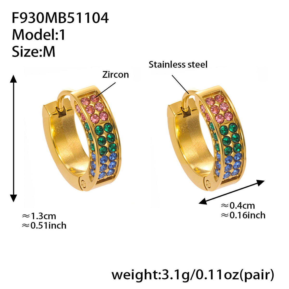 D관 - 스테인리스 컬러 큐빅 18K 도금 후프 링 귀걸이 [F930] 25.11-2