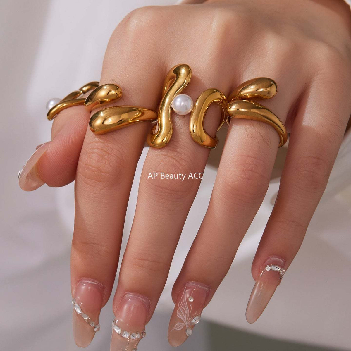 D관 - 스테인리스 스틸 기하학 라인 진주 오픈형 반지 [A388-A645] 25.09-4