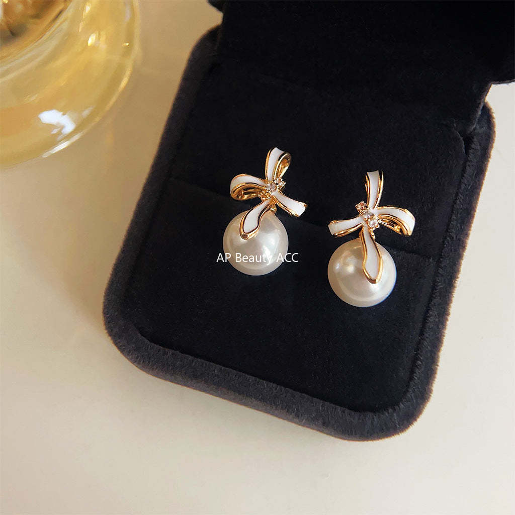 C관 - 14K 도금 미니 큐빅 오일 코팅 리본 귀걸이 고급스러운 글라스 진주 귀걸이 [3874] 24.04-4