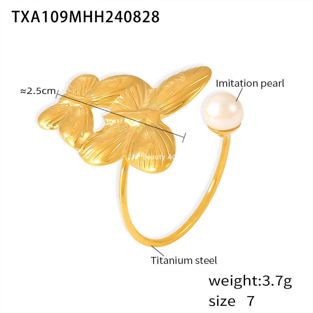 D관 - 캐주얼 럭셔리 감성 트렌디 진주 플라워 티타늄 스틸 18K 변색 방지 반지 [F111-A110] 24.09-1