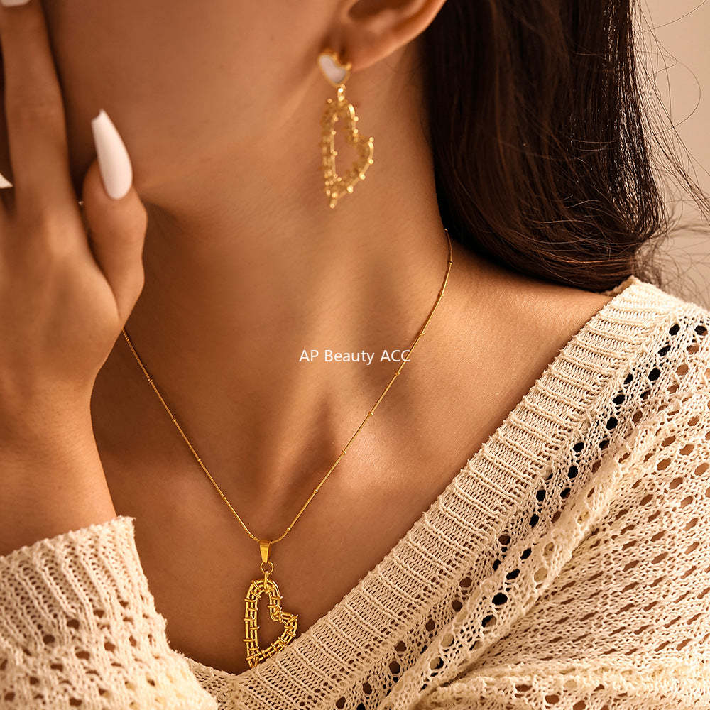D관 - 프렌치 럭셔리 더블 하트 화이트 쉘 스테인리스 스틸 PVD 18K 도금 귀걸이 목걸이 [P2082-F760] 24.11-2