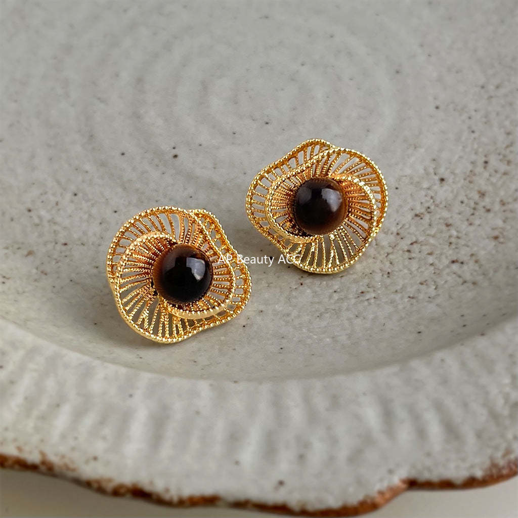 C관 - 호안석 천연석 플라워 디자인 925 은침 귀걸이 [6976] 25.10-5