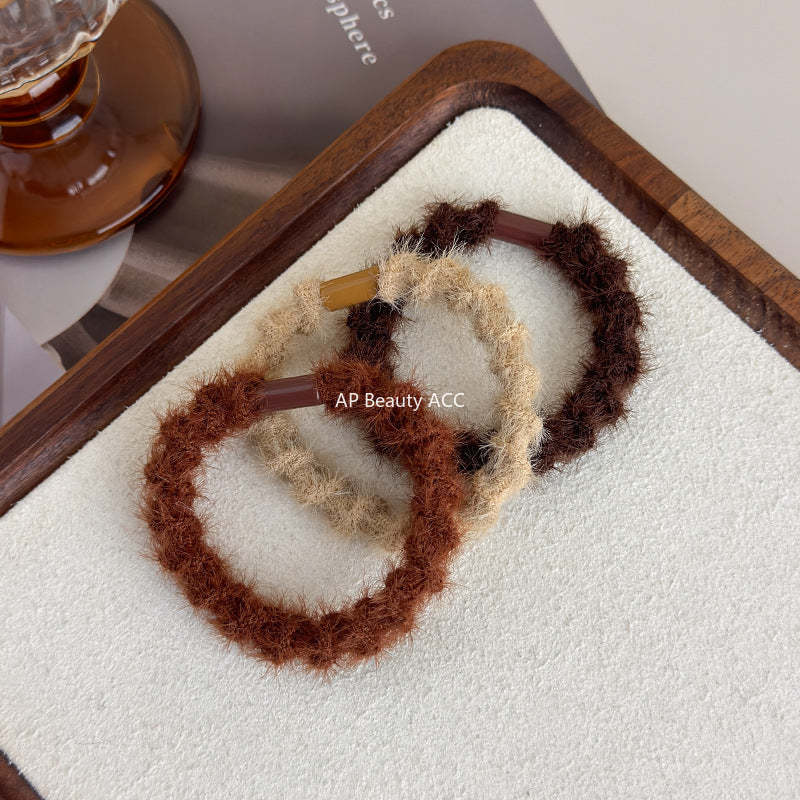 E관 - 퍼 소재 3개 세트 고무줄 머리끈 헤어밴드 [24257] 25.11-3