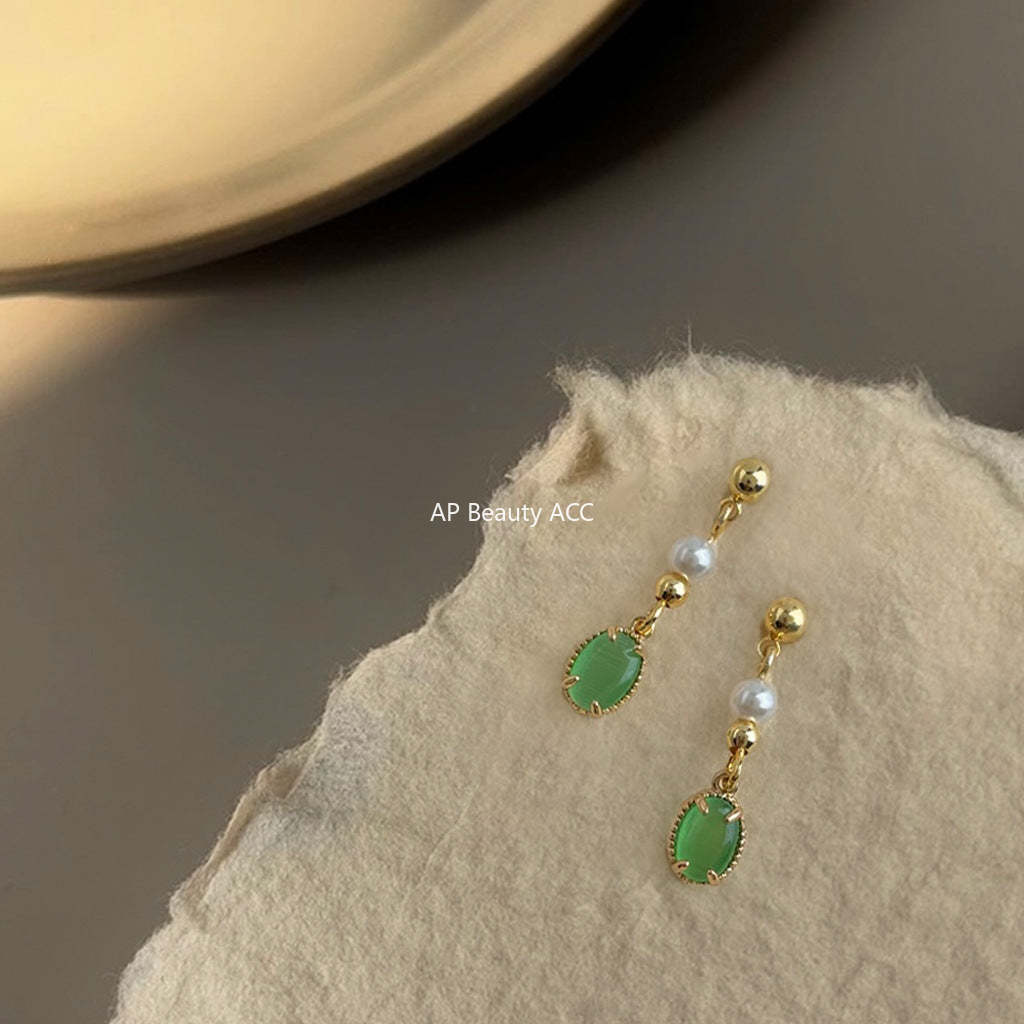 C관 - 그린톤 묘안석 물방울 디자인 핸드메이드 은침 귀걸이 [5576] 25.03-1