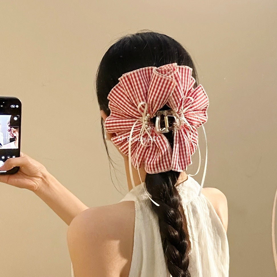 E관 - 체크 러플형 리본 대형 빈티지 집게핀 [27527] 25.10-1