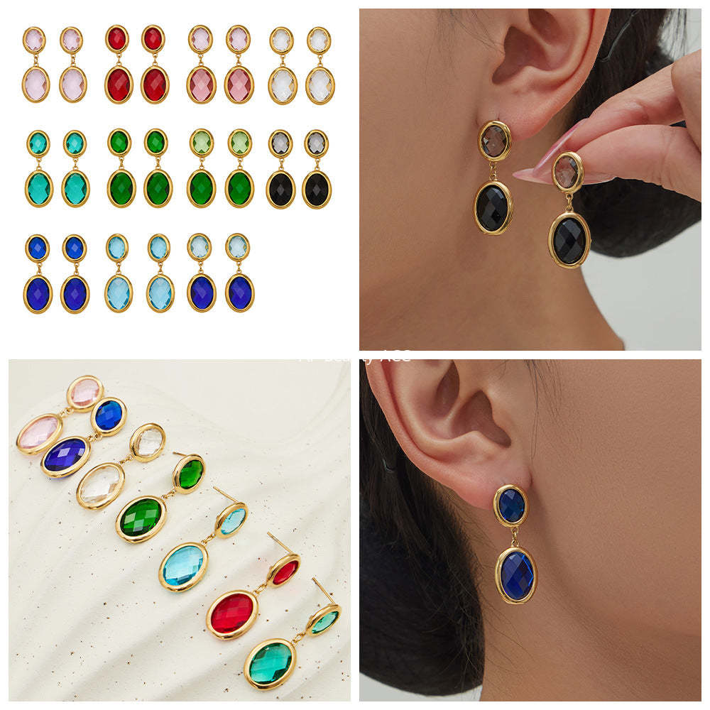 D관 - 스테인리스 스틸 18K 도금 타원 컷팅 글라스 스톤 펜던트 귀걸이 [F957] 25.12-1