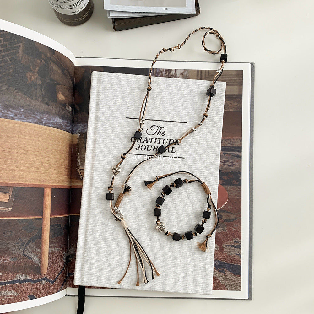 A관 - 925 실버 핸드메이드 흑단 하트 플라워 매듭 팔찌 목걸이 [1401] 25.10-2