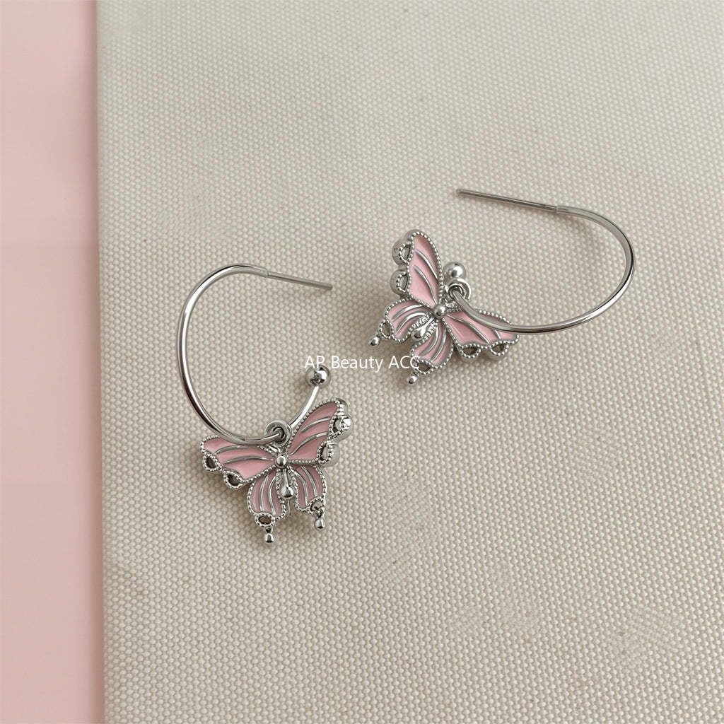C관 - 핑크 버터플라이 러블리 오일코팅 은침 귀걸이 [5678] 25.03-1