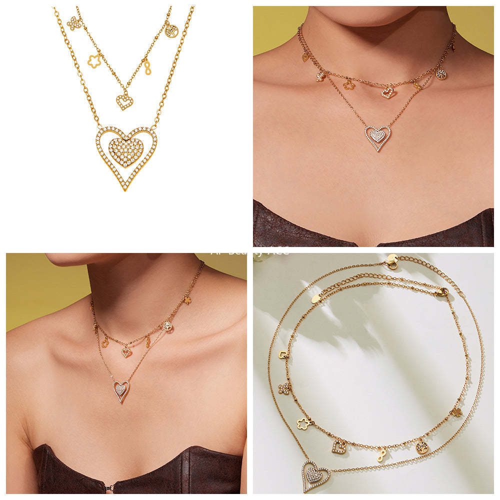 D관 - 스테인리스 스틸 하트 풀큐빅 레이어드 18K 도금 목걸이 [P874] 25.11-4