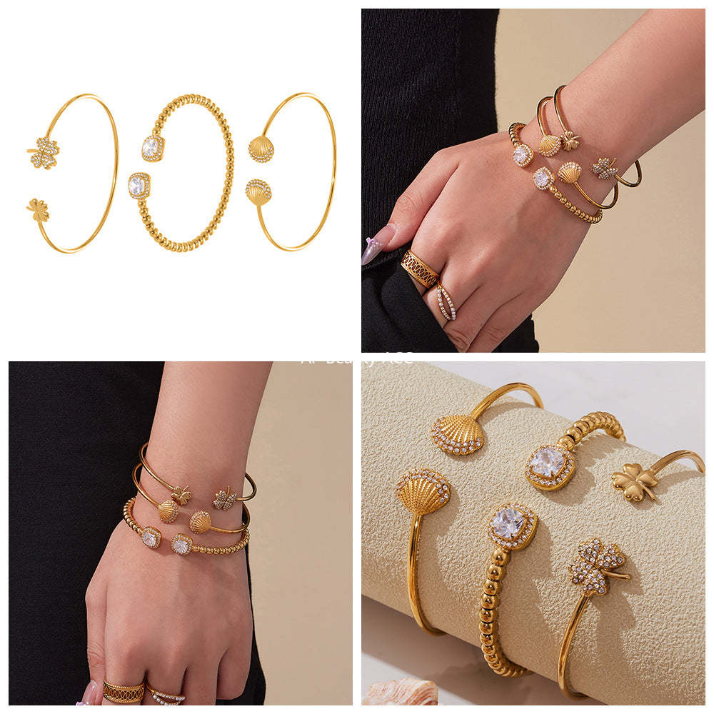 D관 - 스테인리스 18K 도금 큐빅 스틸볼 클로버 오픈형 팔찌 [Z503-Z504-Z505] 25.10-5