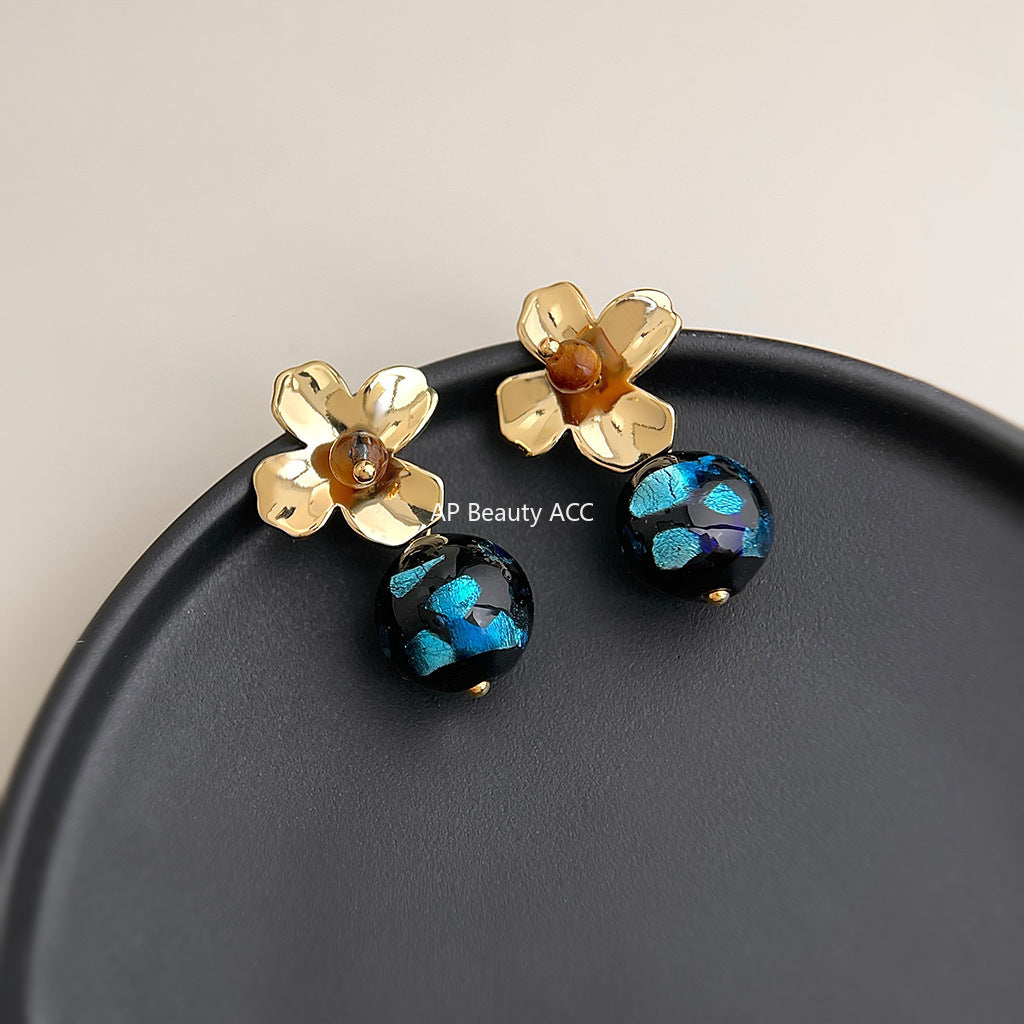 C관 - 925 은침 플라워 핸드메이드 호안석 글라스 귀걸이 [6926] 25.10-3