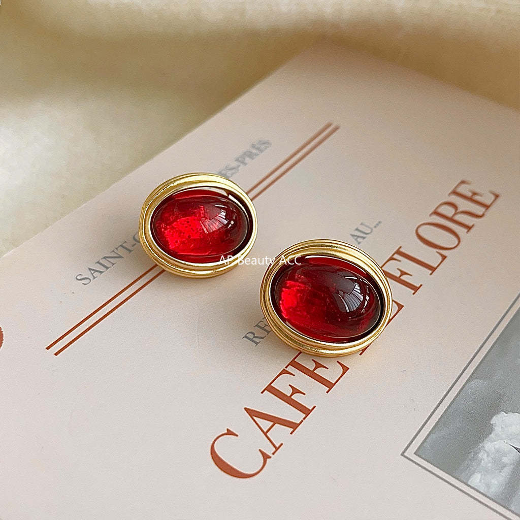 C관 - 프렌치 레트로 홍콩 스타일 와인 레드 타원형 14K 도금 무광 귀걸이 [3570-3571] 24.01-2