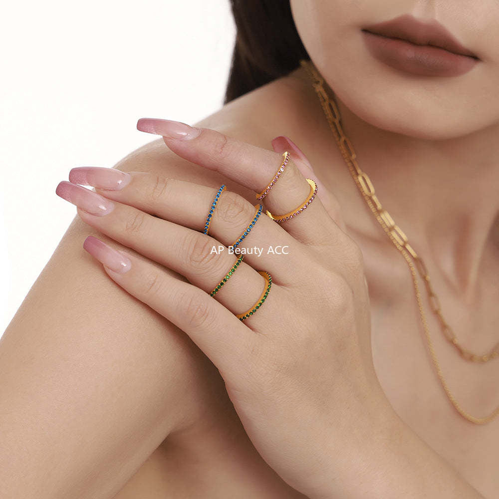 D관 - 1.5mm 슬림 풀 큐빅 유니크 커플링 PVD 18K 도금 반지 [A963] 24.11-5