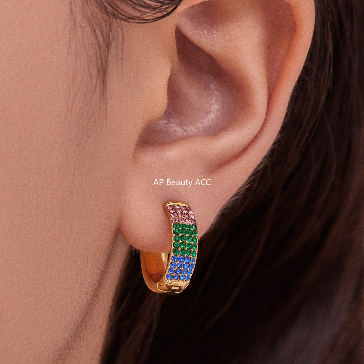 D관 - 스테인리스 컬러 믹스 큐빅 18K 도금 후프 링 귀걸이 [F931] 25.11-2