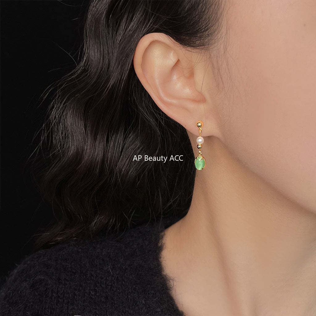 C관 - 그린톤 묘안석 물방울 디자인 핸드메이드 은침 귀걸이 [5576] 25.03-1