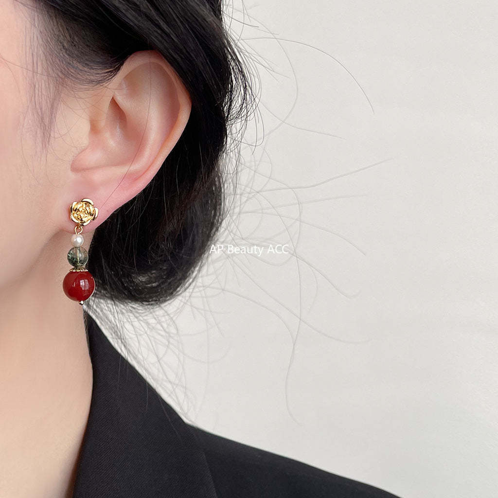 C관 - 14K 도금 홍마노 핸드메이드 복고풍 장미꽃 글라스 크리스탈 은침 귀걸이 [3759] 24.04-1