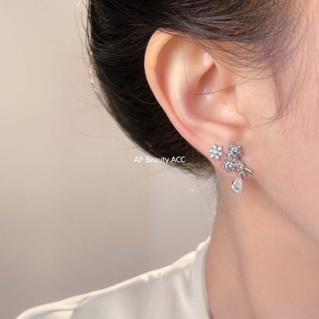 C관 - 아쿠아마린 큐빅 눈꽃 디자인 925 은침 귀걸이 [7158] 25.11-4