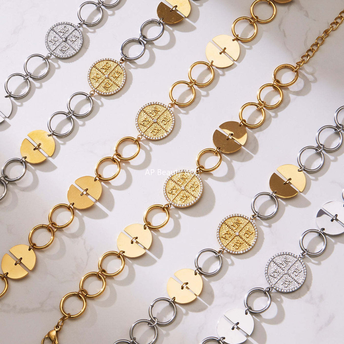 D관 - 스테인리스 스틸 이니셜 원형 펜던트 18K 도금 목걸이 팔찌 [TXP488] 25.11-4